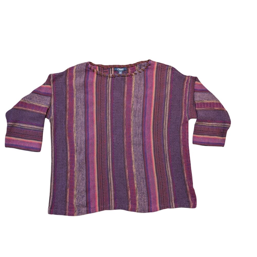 Chaps Women’s Tunic Sweater Purple Pink Striped Textured Knit 3/4 Sleeve Size XL